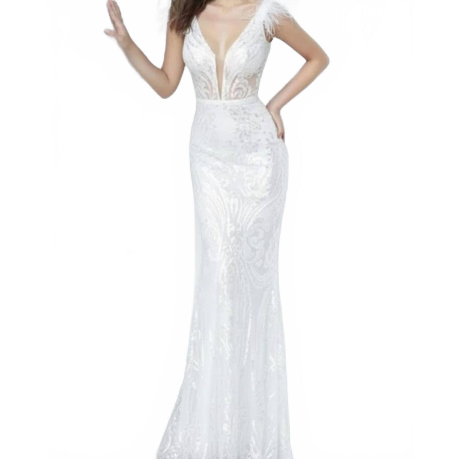 New Jovani Fitted Sequin Gown In White